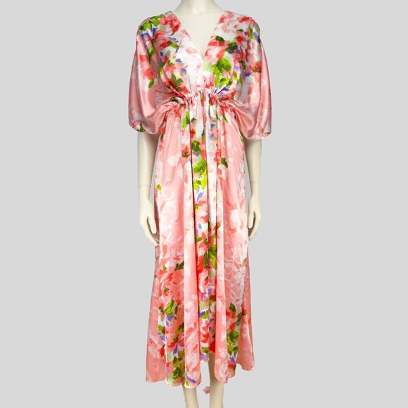 OSCAR DE LA RENTA Vtg Satin Pink Floral Luxury Maxi Haute Couture Dress S/M - Picture 2 of 16